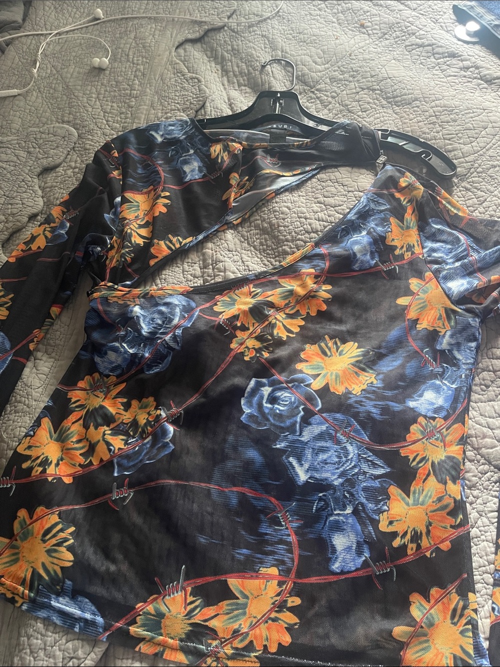 Ksubi Black Floral Asymmetrical Mesh Dress with Orange and Blue Accents